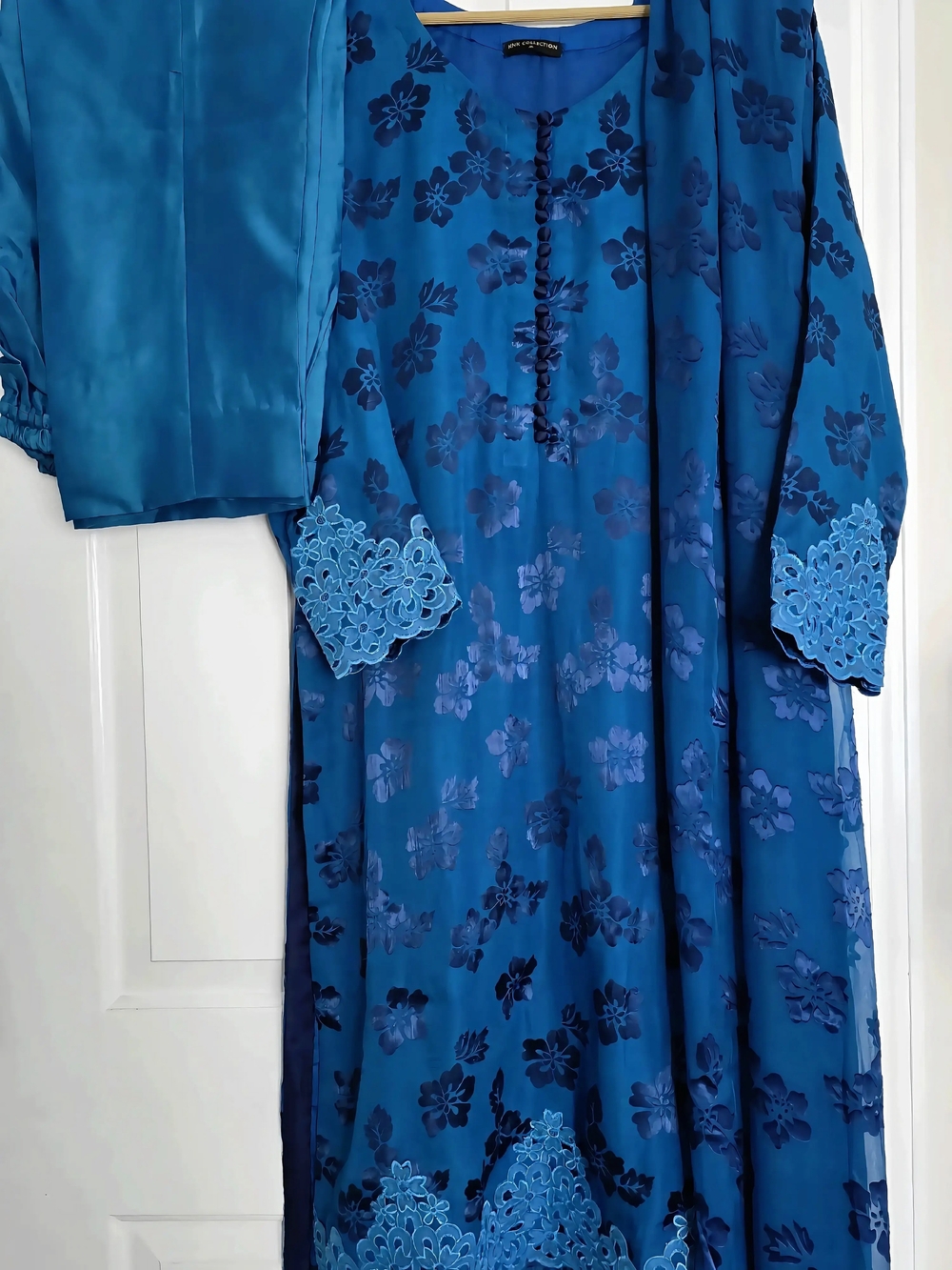 Pakistani Pure Silk China patti Blue Outfit With Broshia Dupatta